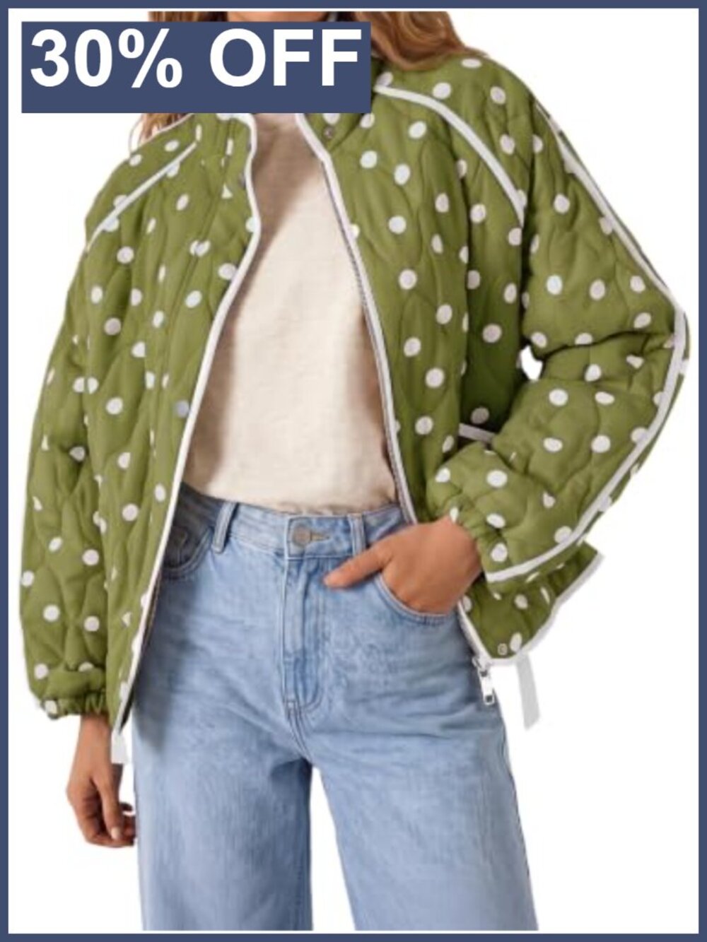 Quilted Lightweight Zip Up Polka Dot Jacket Stand Collar Snap Pockets